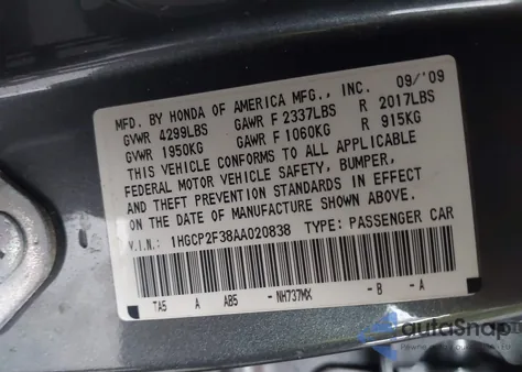 2010 Honda Accord 2.4 Lx из США, поврежденный, VIN 1HGCP2F38AA020838